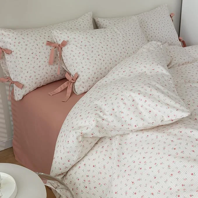 Traditional mixinni Soft Aesthetic Floral Print White Duvet Cover Pink Rose Pattern Girls Natural