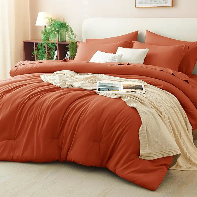 Solid CozyLux Full Comforter Set Burnt Orange 7 Pieces Bed in a Bag Terracotta Casual