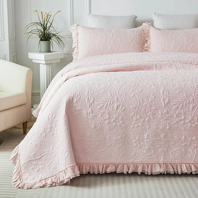 Sophisticated Brandream Light Pink Quilt Set King Size Cotton Shabby Chic Bedding Matelasse Environmentally Friendly