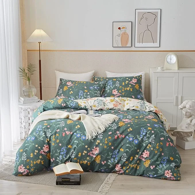 High-End PinkMemory Green and White Floral Duvet Cover King Cotton Reversible Green Fashionable