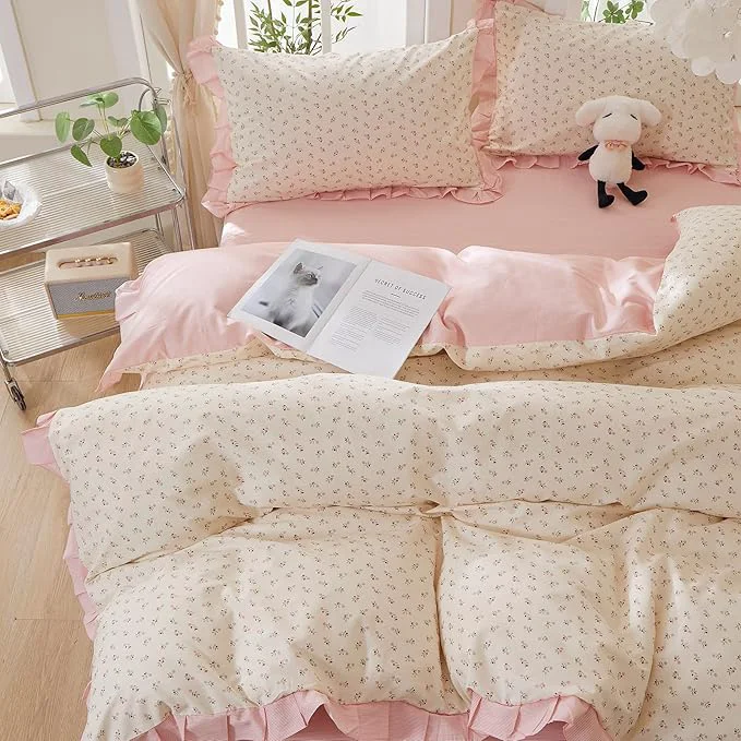 Easy-to-Use mixinni Pink Floral Duvet Cover Set Full Size – Cotton Ruffle Lace Bedding Top-Quality