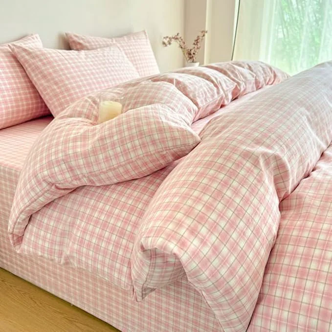 Natural PinkMemory Pink Gingham Plaid Duvet Cover Set Queen Washed Cotton Cute Breathable