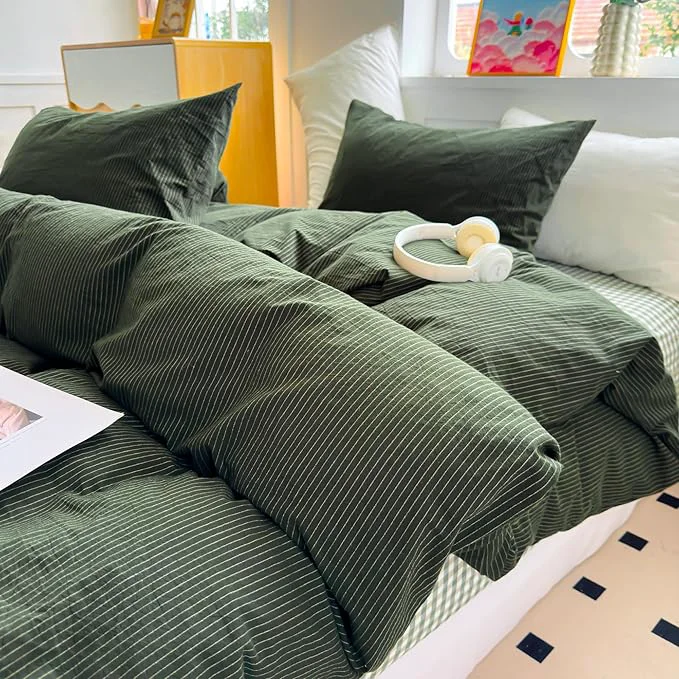 Detailed PinkMemory Green Striped Duvet Cover Queen Washed Cotton Olive Green Official