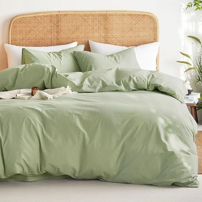 Organic Wake In Cloud – Cotton Duvet Cover Set Twin Size Sage Green Washed Minimalist