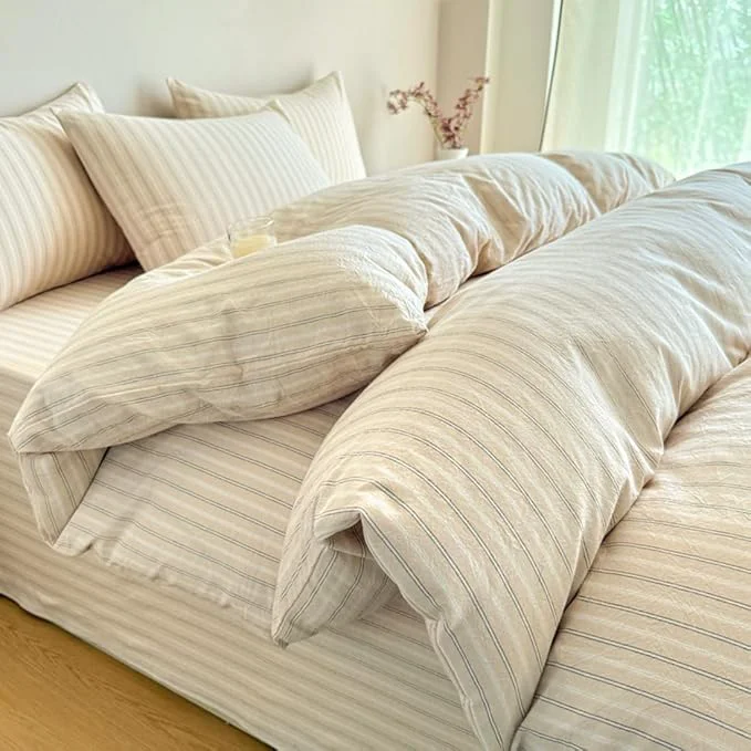 Original PinkMemory Beige Striped Duvet Cover Set King Washed Cotton Beige Striped High-End
