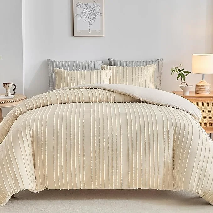 World-Class WARMDERN Khaki Boho Duvet Cover Set Full Size Striped Textured Tufted Bedding High-Performance