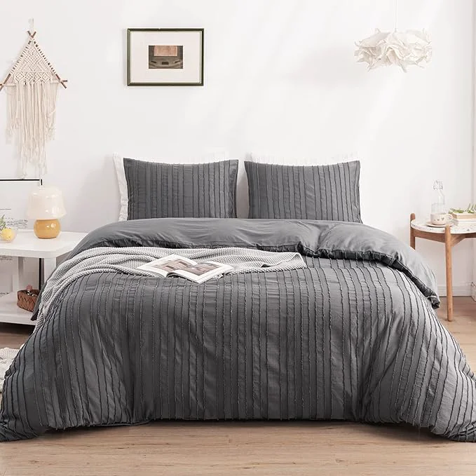Practical WARMDERN Gray Boho Duvet Cover Set Striped Textured Tufted Bedding Twin Size Healthy