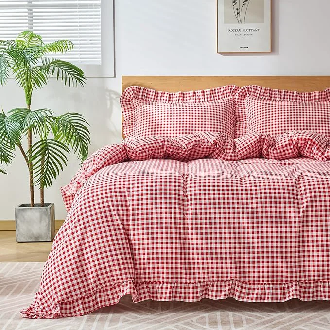 Natural Gingham Duvet Cover Twin Size 2 Pieces Soft Breathable Microfiber Plaid High-Performance