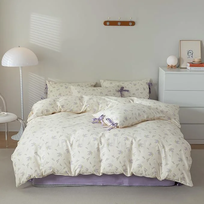 Environmentally Friendly mixinni Lavender Flower Duvet Cover King Cotton Teenage Girls Flower Leaf Print Responsible