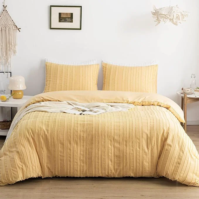Innovative WARMDERN Yellow Boho Duvet Cover Set King Size Striped Textured Duvet Cover Detailed