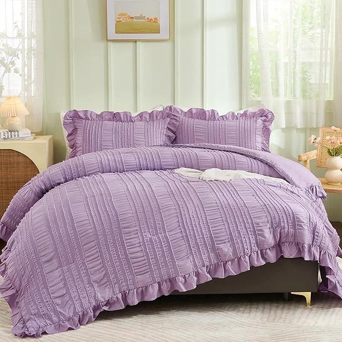 Elegant WONGS BEDDING Purple Comforter Set King 3 Pieces Ruffle Farmhouse Shabby Chic Clean