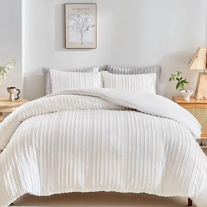Casual WARMDERN White Boho Duvet Cover Set Queen Size Striped Textured Tufted Bedding Relaxed