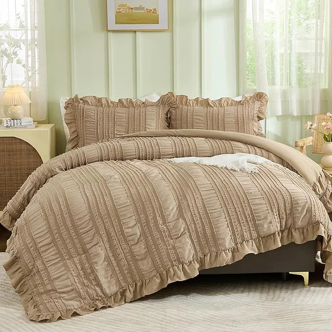 Optimized WONGS BEDDING Khaki Comforter Set Queen 3 Pieces Ruffle Farmhouse Shabby Chic Crafted