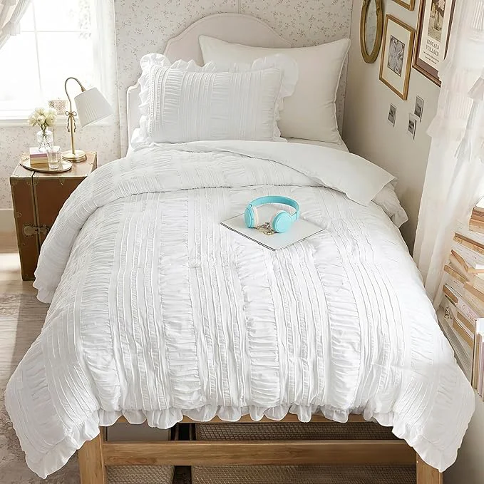 Environmentally Friendly WONGS BEDDING White Comforter Set Twin 3 Pieces Ruffle Shabby Chic Comforter Functional