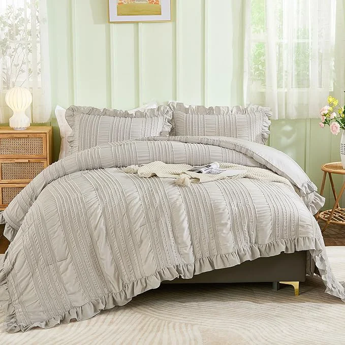 Trusted WONGS BEDDING Grey Textured Comforter Set Queen 3 Pieces Ruffle Farmhouse User-Friendly