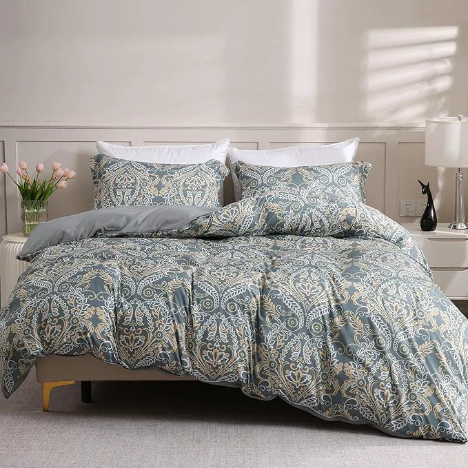 Organic LONAVA King Paisley 3 Pcs Duvet Cover Set Breathable Soft Microfiber Grey Traditional