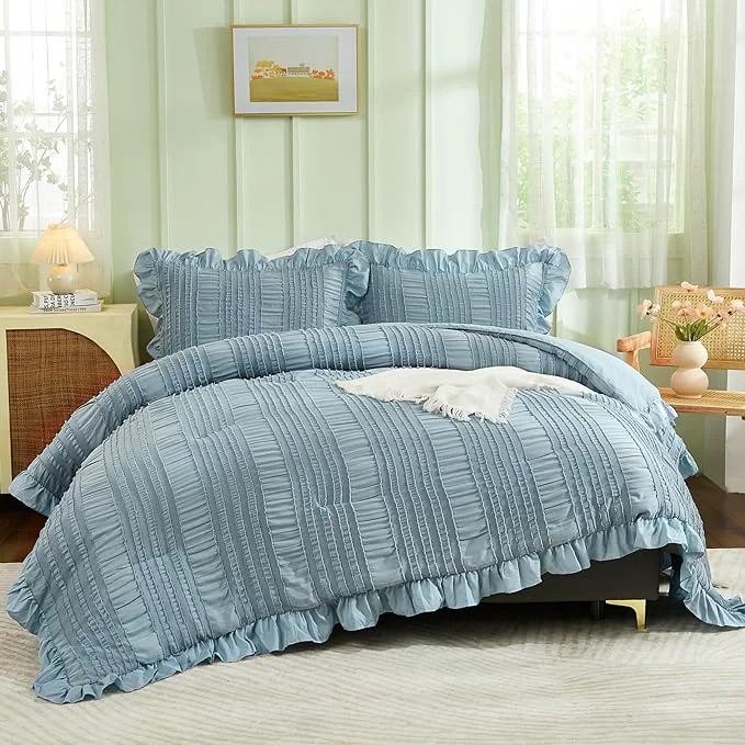 Effective WONGS BEDDING Blue Comforter Set Queen 3 Pieces Ruffle Farmhouse Shabby Chic Unique