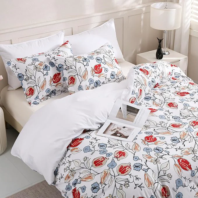 Certified LONAVA Queen Flower 3 Pcs Duvet Cover Set Breathable Soft Microfiber White