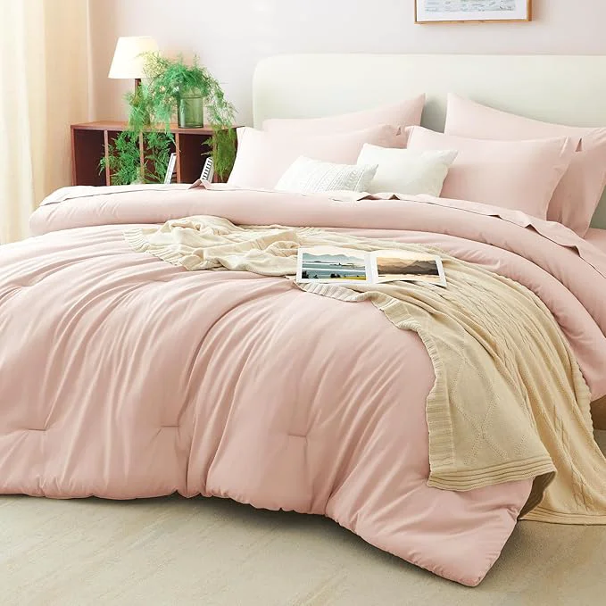 Modern CozyLux King Size Comforter Set Blush Pink 7 Pieces Bed in a Bag King Optimized