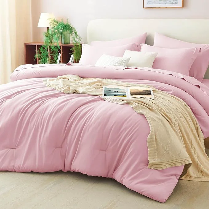 Advanced CozyLux Full Size Comforter Sets Pink 7 Pieces Bed in a Bag Full Comforter Set Smooth