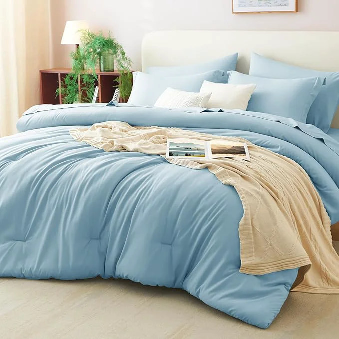 Fine Crafted CozyLux Queen Comforter Set Light Blue 7 Pieces Bed in a Bag Queen Comforter Solid