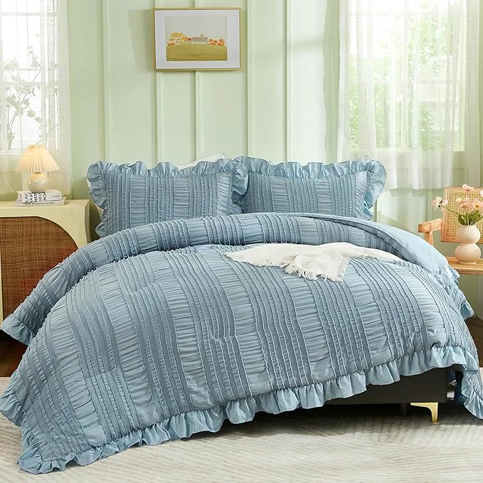 Verified WONGS BEDDING Blue Comforter Set King 3 Pieces Ruffle Farmhouse Shabby Chic Organic