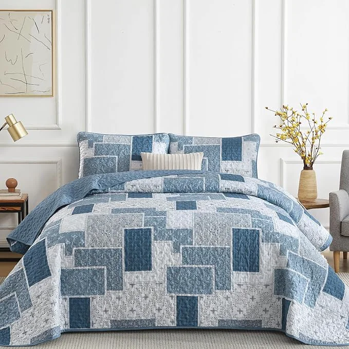 Certified Xruibed Blue Boho Quilt Set Queen Size 3 Pieces Plaid Floral Bedspread Smooth