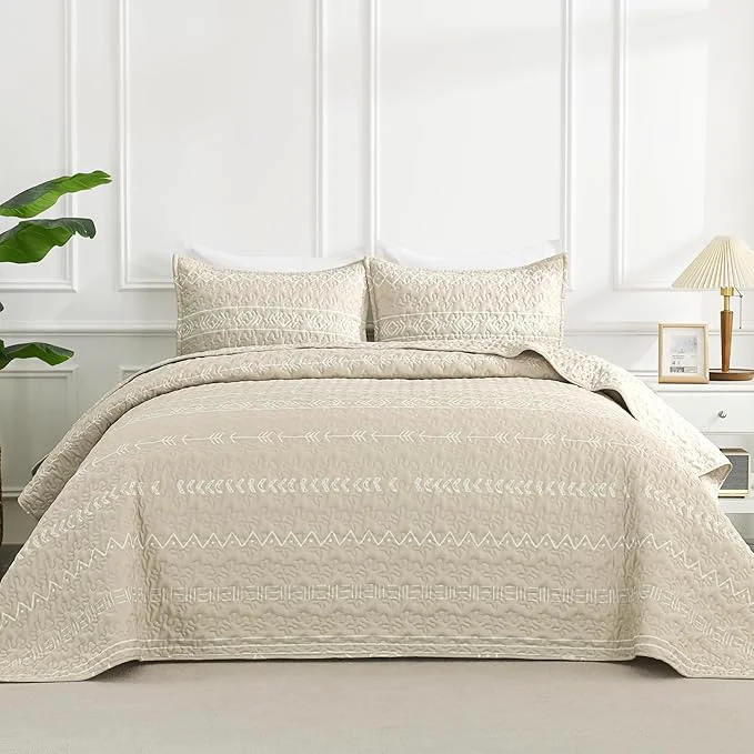 Detailed Andency Beige Twin Quilt Set 2 Pieces Boho Lightweight Soft Striped Bedspread Dependable
