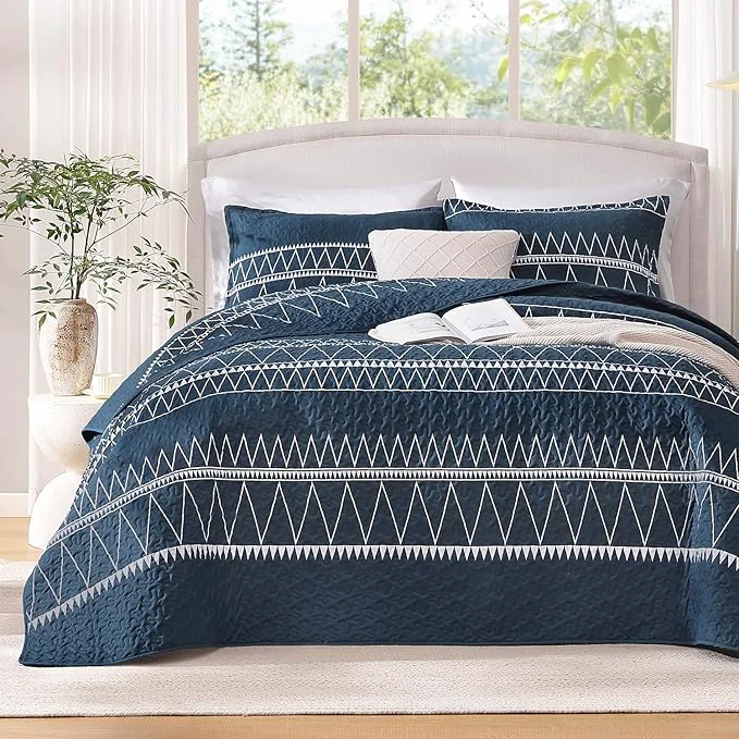 Relaxed Andency Navy Twin Quilt Set 2 Pieces Boho Lightweight Soft Striped Bedspread Advanced