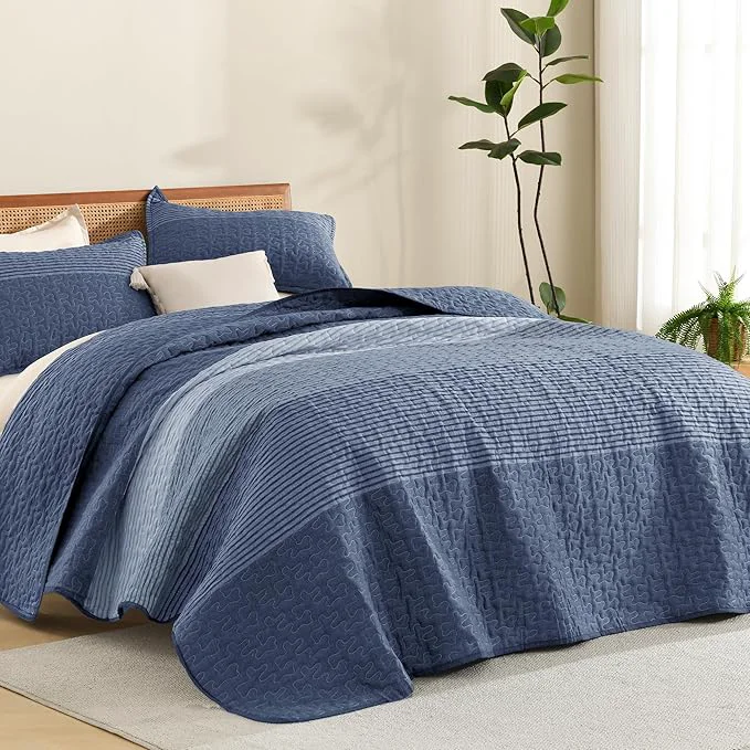 Fashionable Litanika Oversized King Quilt Set Sapphire Blue 120×120 Stripe Bedspread Minimalist