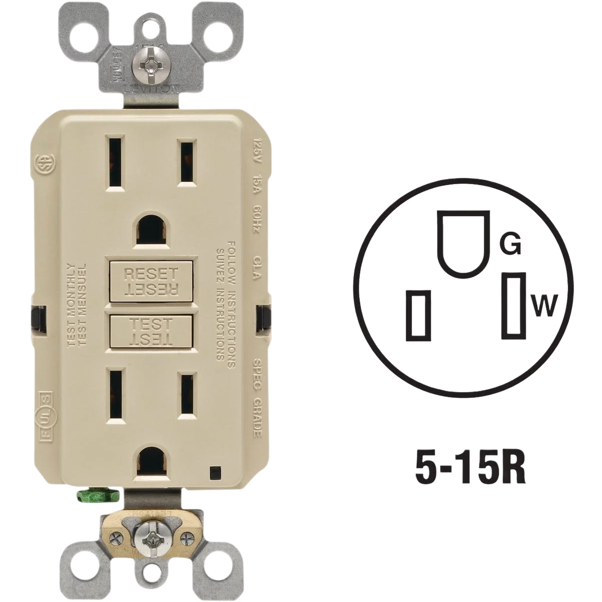 First-Class Leviton SmartlockPro Self-Test Ivory Residential Grade Rounded GFCI Outlet Detailed