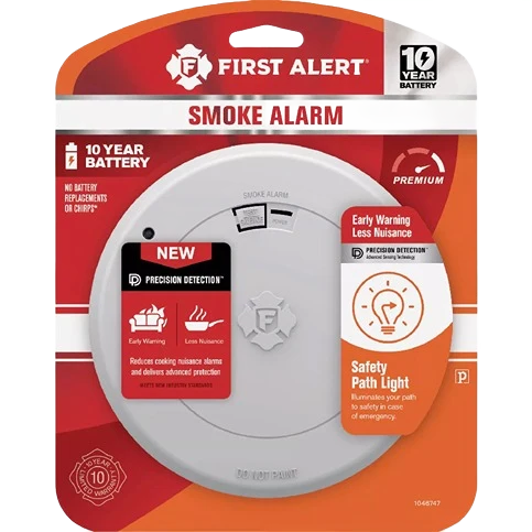 Stylish First Alert 10-Year Battery Photoelectric Smoke Alarm with Safety Path Light Detailed