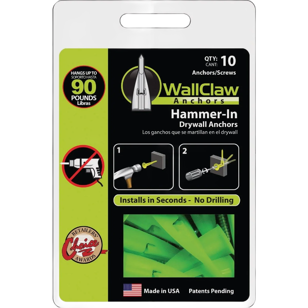Effective WallClaw Anchors 8 Thread x 1-1 4 Drywall Plastic Anchor 10-Ct Expertly Made
