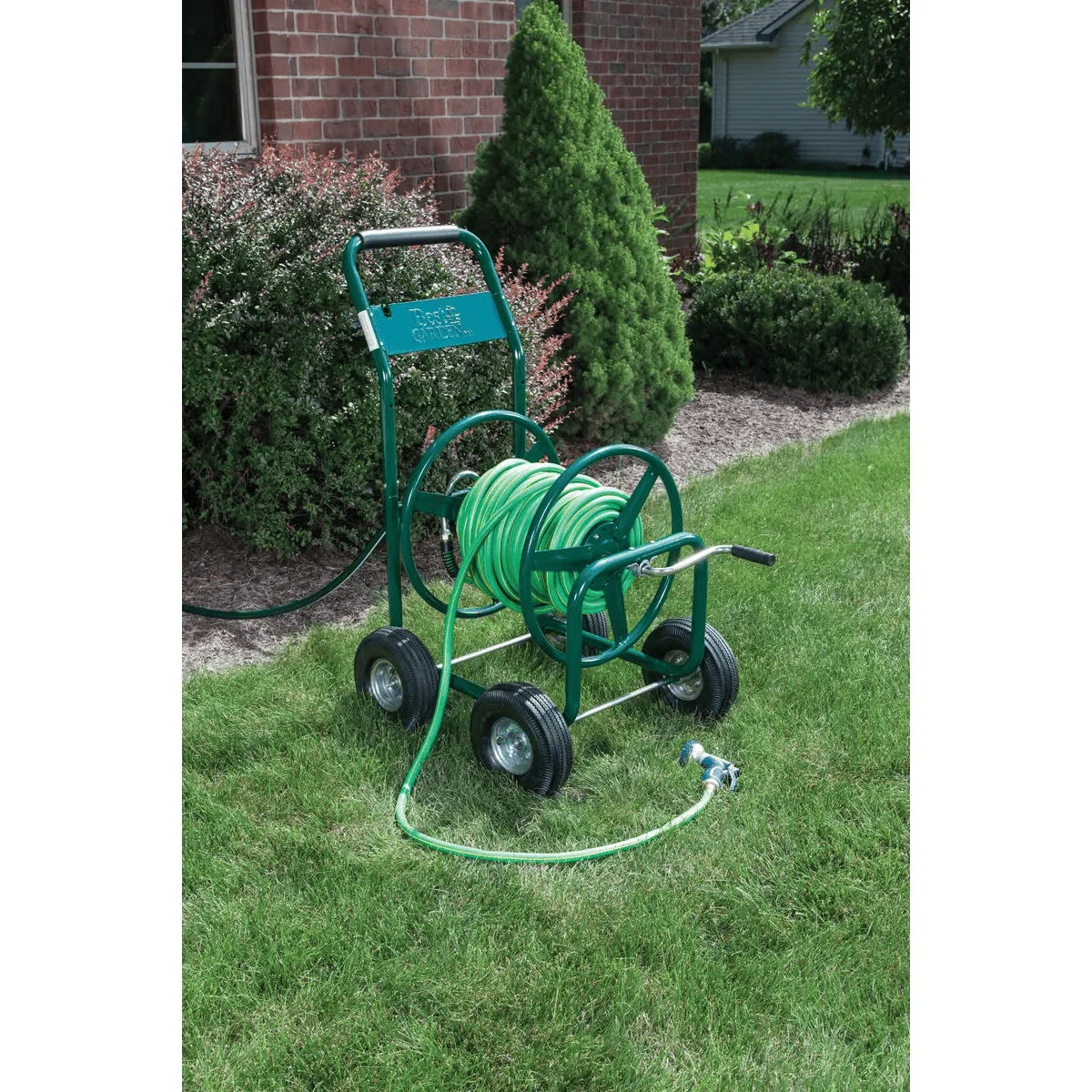 Expertly Made Garden 300′ x 5 8 Green Metal 4-Wheel Portable Hose Reel Stylish