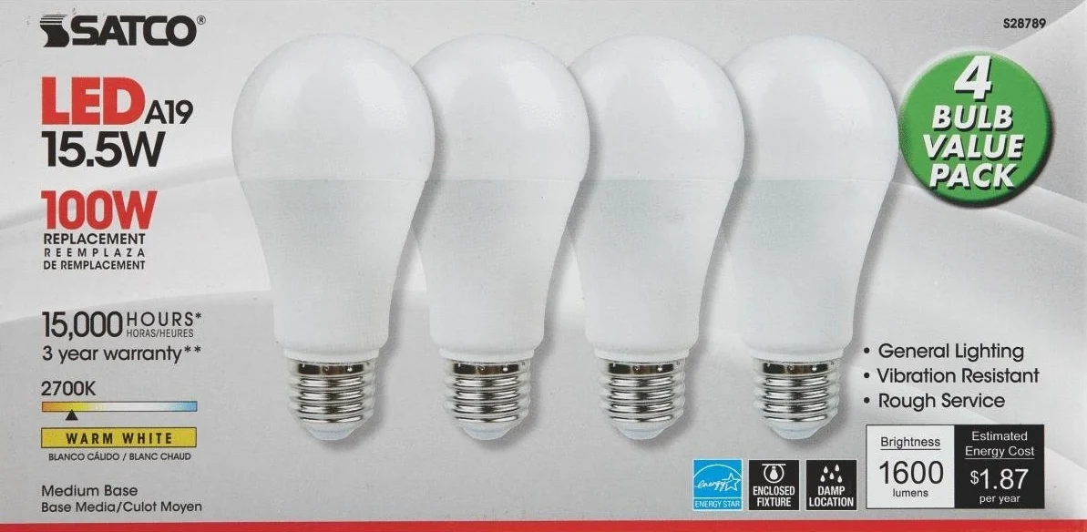 Functional Satco 15.5 Watt A19 LED 2700K 4-Pack Lightweight
