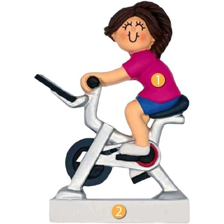 High-Quality Ornament Central Personalized Brunette Female on Exercise Bike Ornament Functional