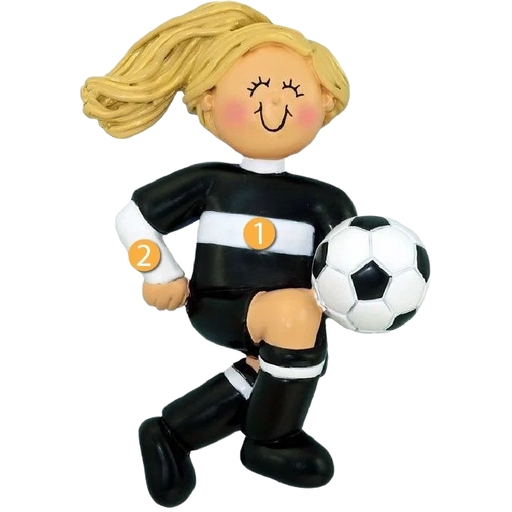Advanced Ornament Central Personalized Blonde Female Soccer Player in Black Uniform Ornament Consistent