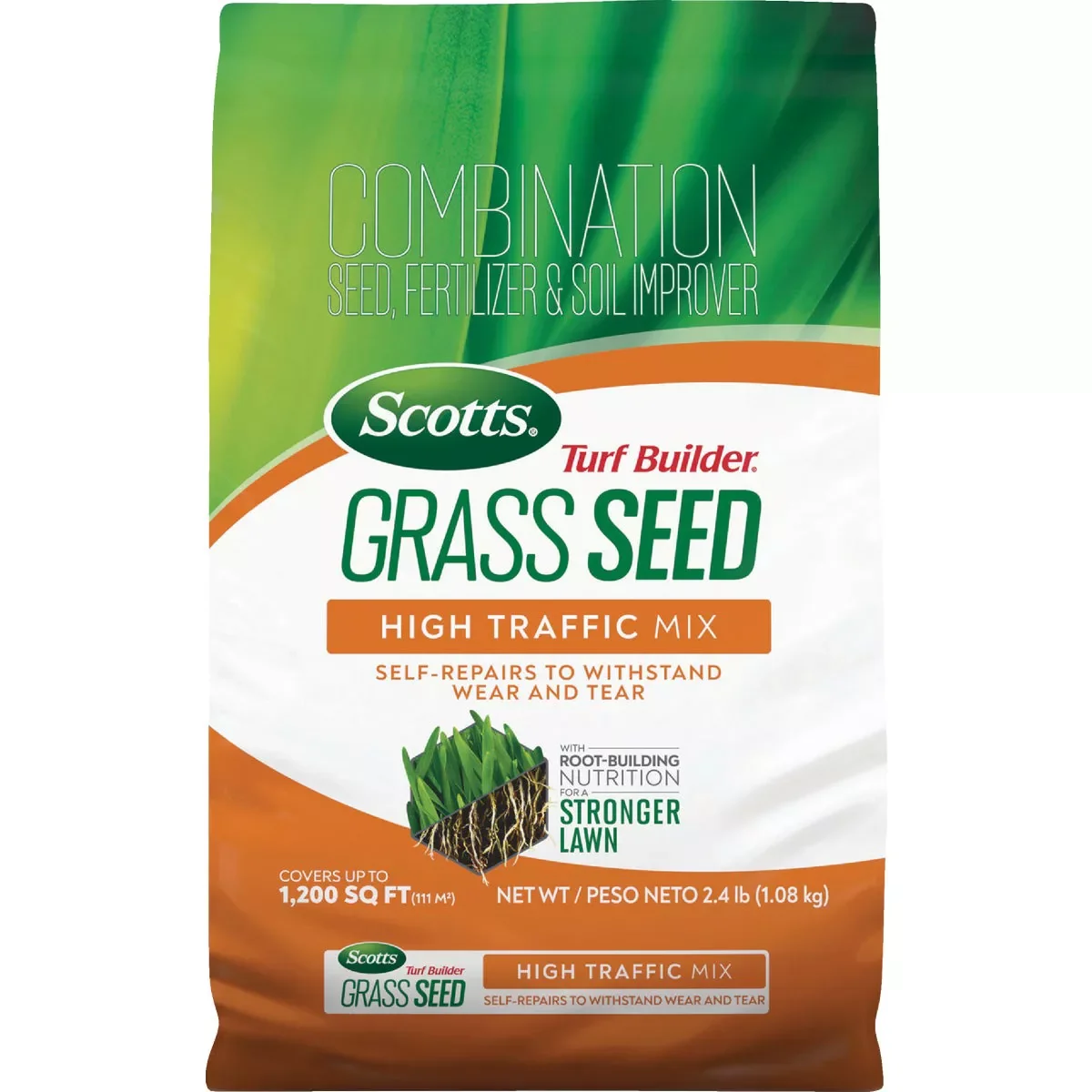 Proven Scotts Turf Builder 2.4 Lb. 200 Sq. Ft. High Traffic Mix Grass Seed Fertilizer and Soil Improver Combination Detailed
