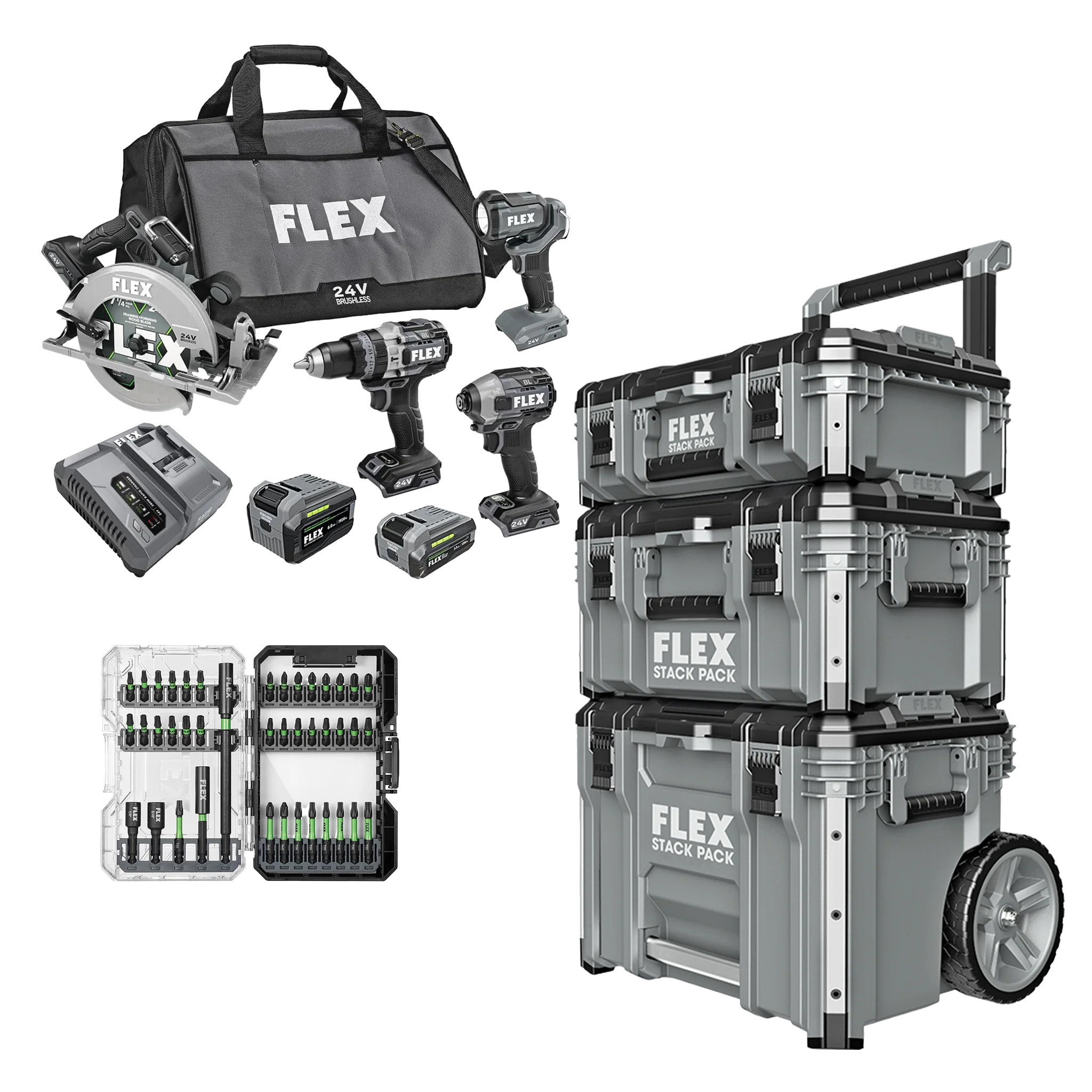 Casual FLEX 24V 4-Tool Combo Kit 41-Pc. Impact Driver Bit Set Stack Pack™ 3-Pc. Storage System Easy-to-Use