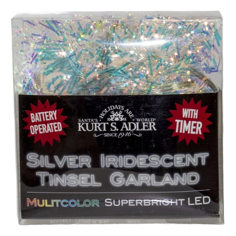 Classic Kurt S. Adler Silver Iridescent Tinsel Garland with Multi-Colored Lights 6.5 ft. Elegant
