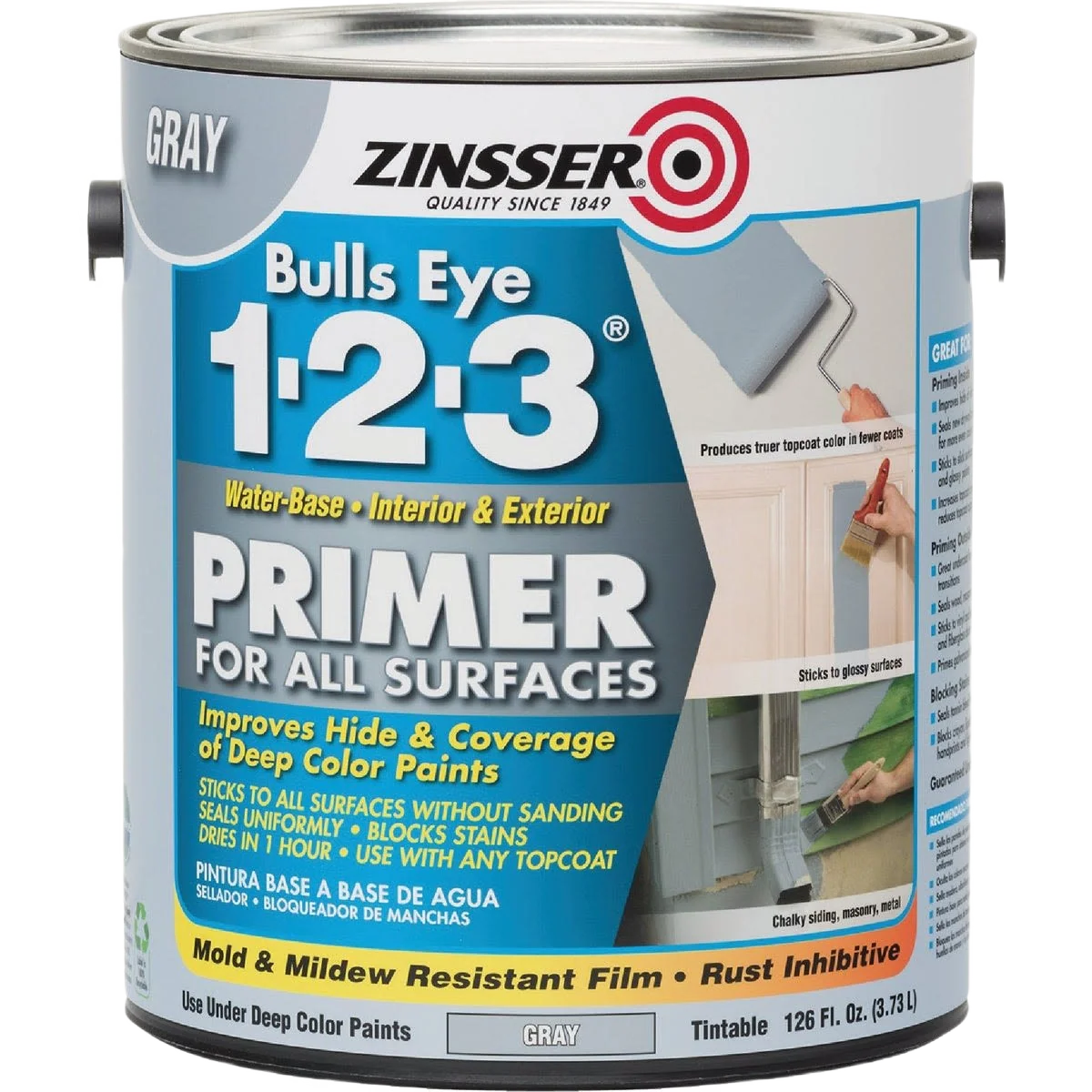 Effective Zinsser Bulls Eye 1-2-3 Gray Water-Base Interior Exterior Stain Blocking Primer 1 Gal. High-End