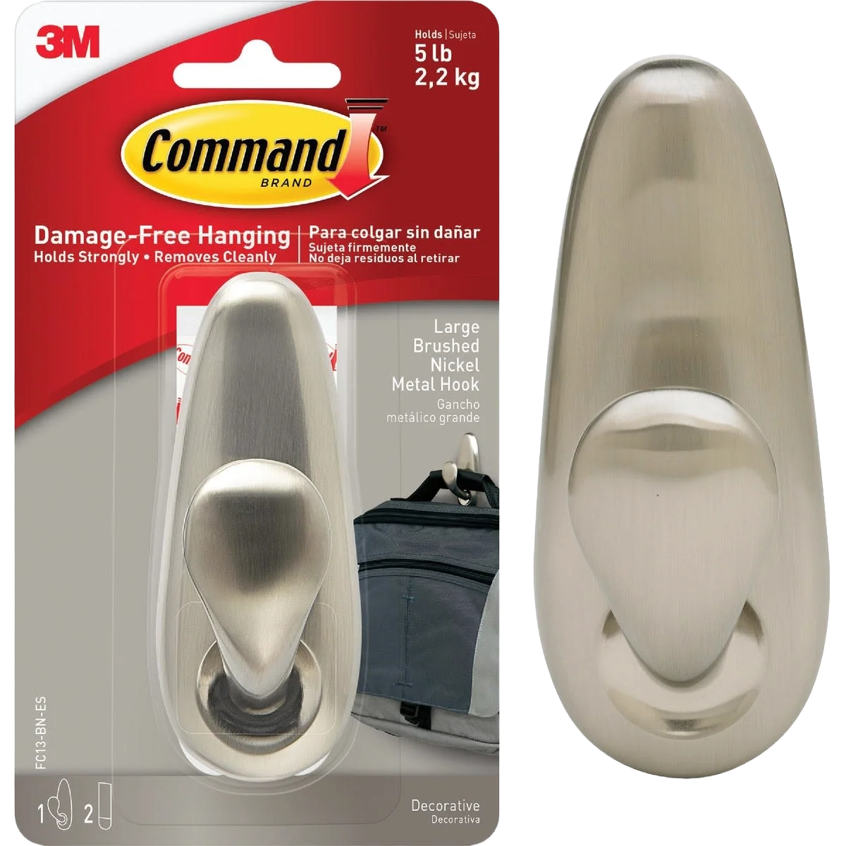 Dependable 3M Command Decorative Fashion Large Brushed Nickel Adhesive Hook Elegant