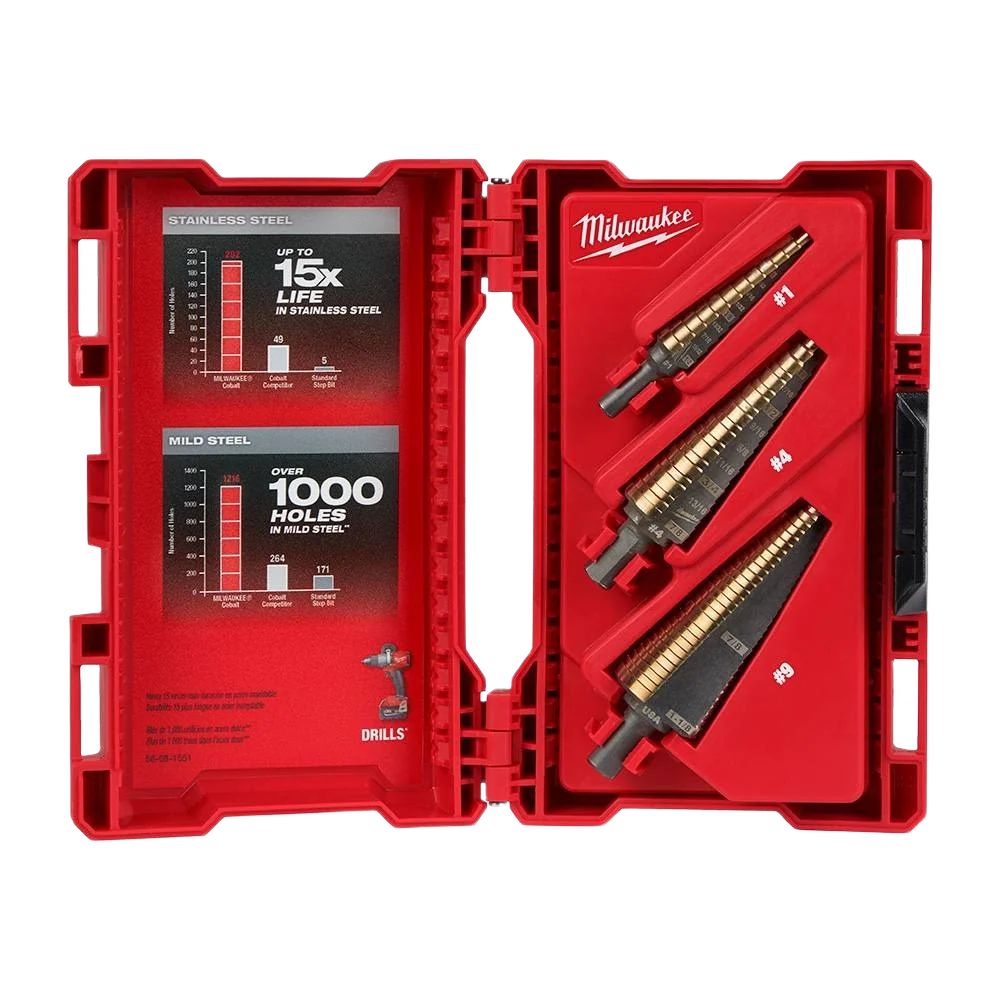 Reusable Milwaukee 3-PC Cobalt Step Drill Bits Certified