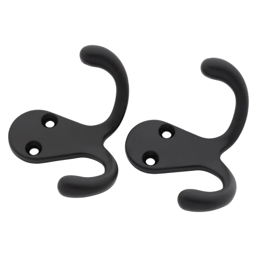 Contemporary National Hardware Matte Black Double Clothes Hook 2-Pack Crafted