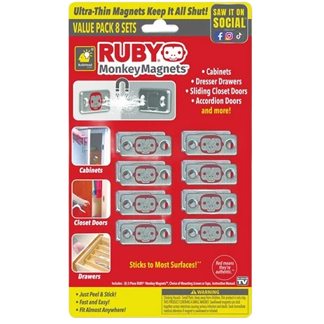 Durable Ruby Monkey Magnets Drawer Cabinet Closures 8-Pack Smart