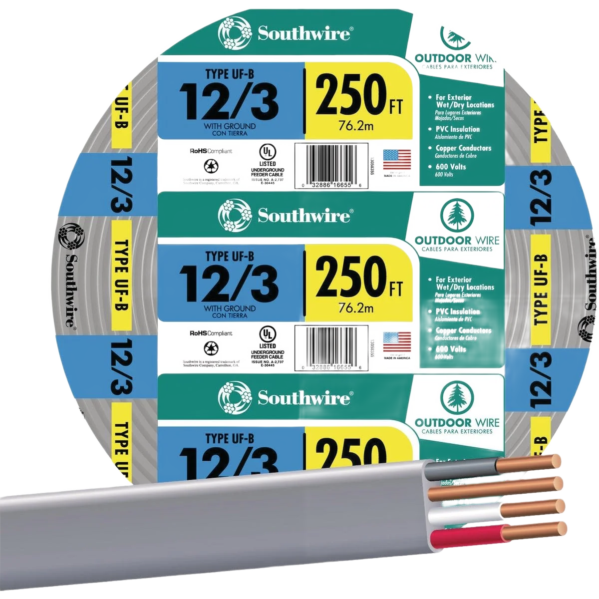 Smart Southwire 250′ 12 AWG 3-Conductor UFW G Wire Selected