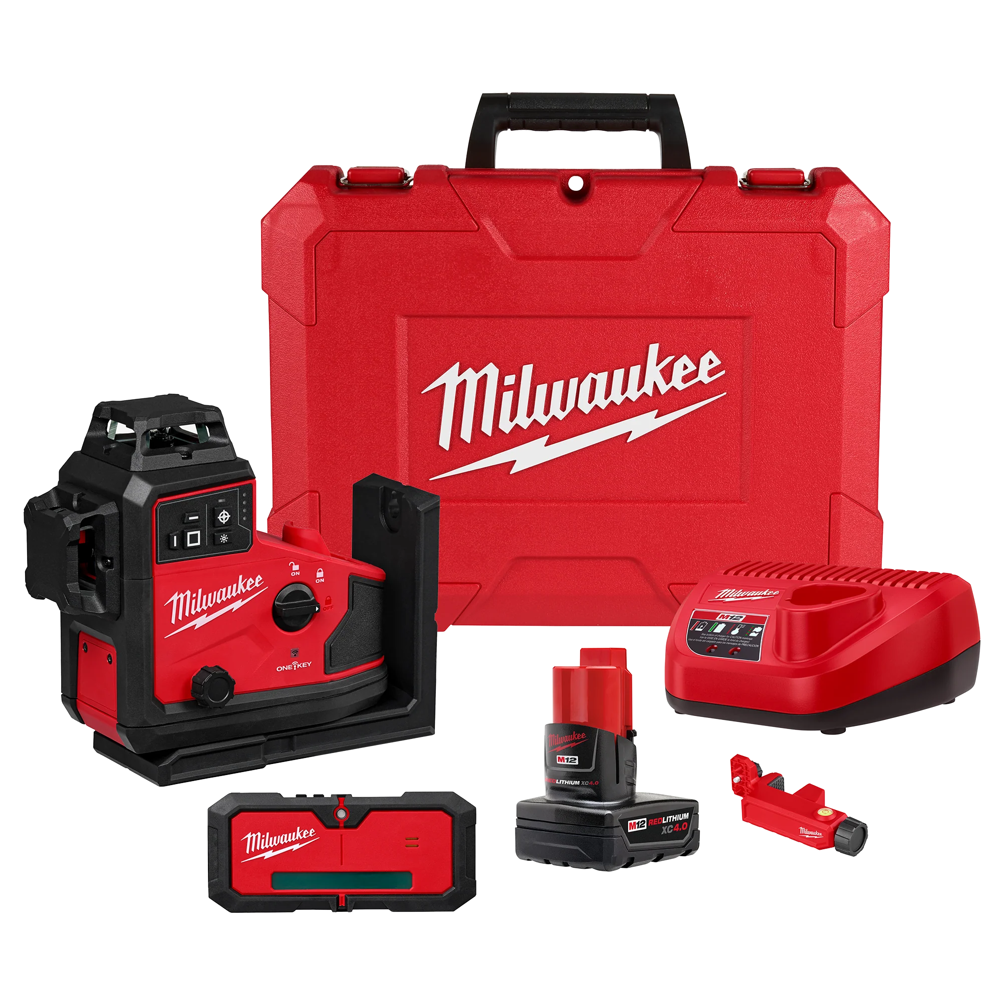 High-Grade Milwaukee M12™ Green 360° 3-Plane Laser w Automatic Alignment Receiver Elite