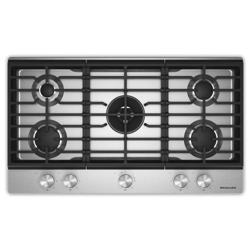 Soft KitchenAid® 36 in. Gas Cooktop with 5 Burners and Integrated Wok Grate Innovative