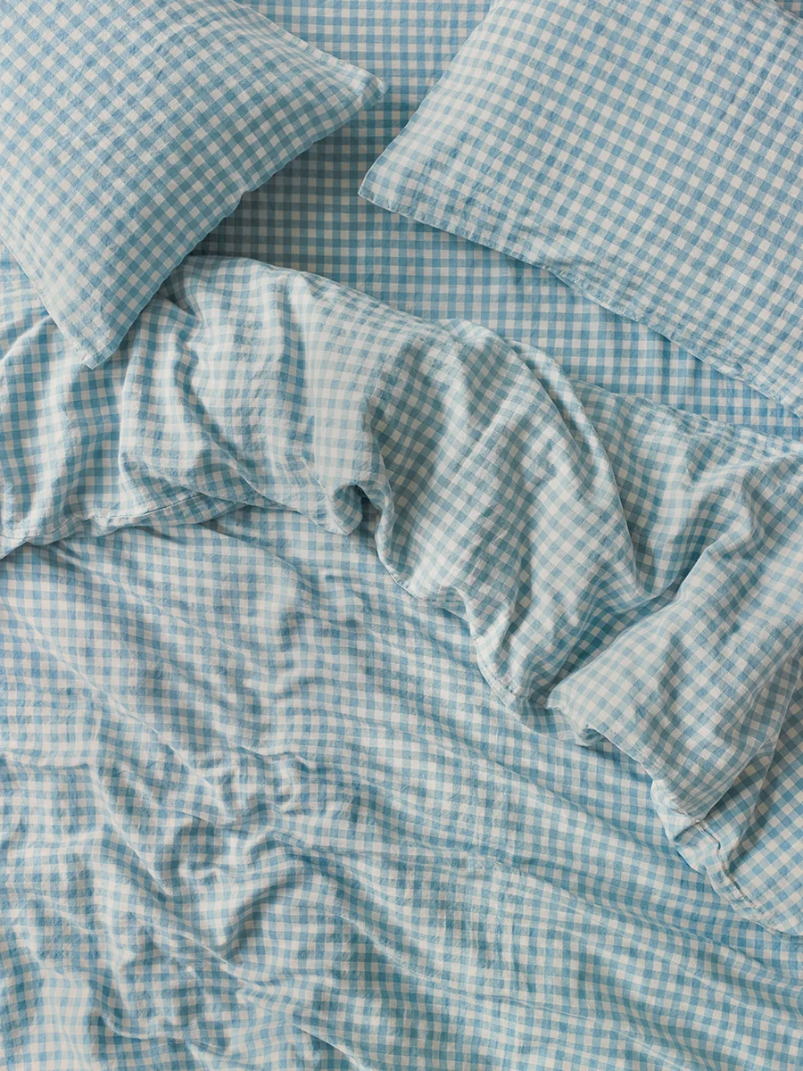 Authentic Warm Blue Gingham Linen Duvet Cover Smart