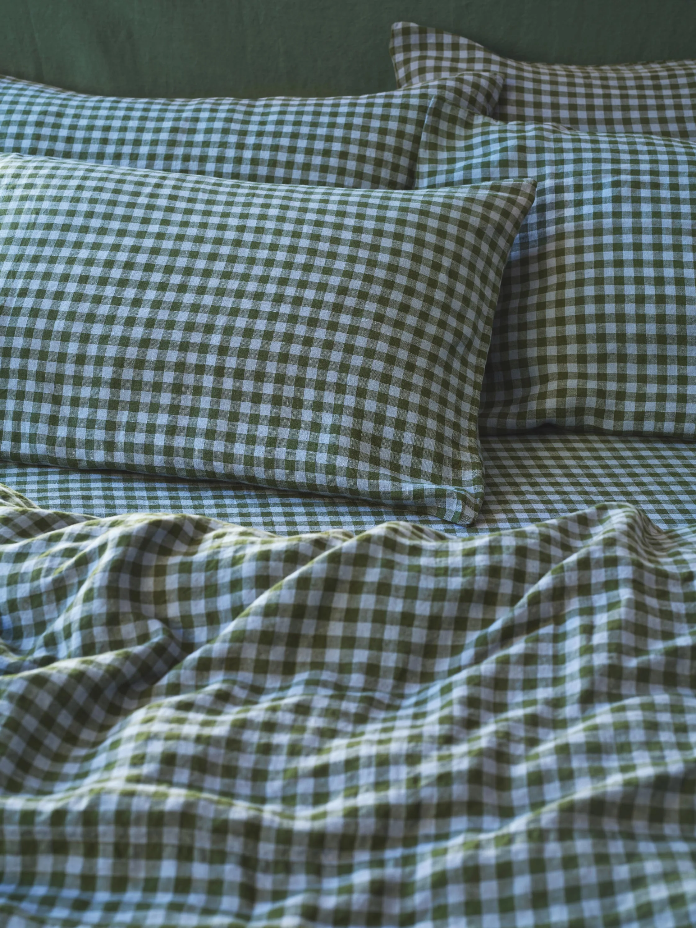 Functional Fern Green Dusk Blue Colour Drenched Gingham Linen Blend Pillowcases Pair Contemporary